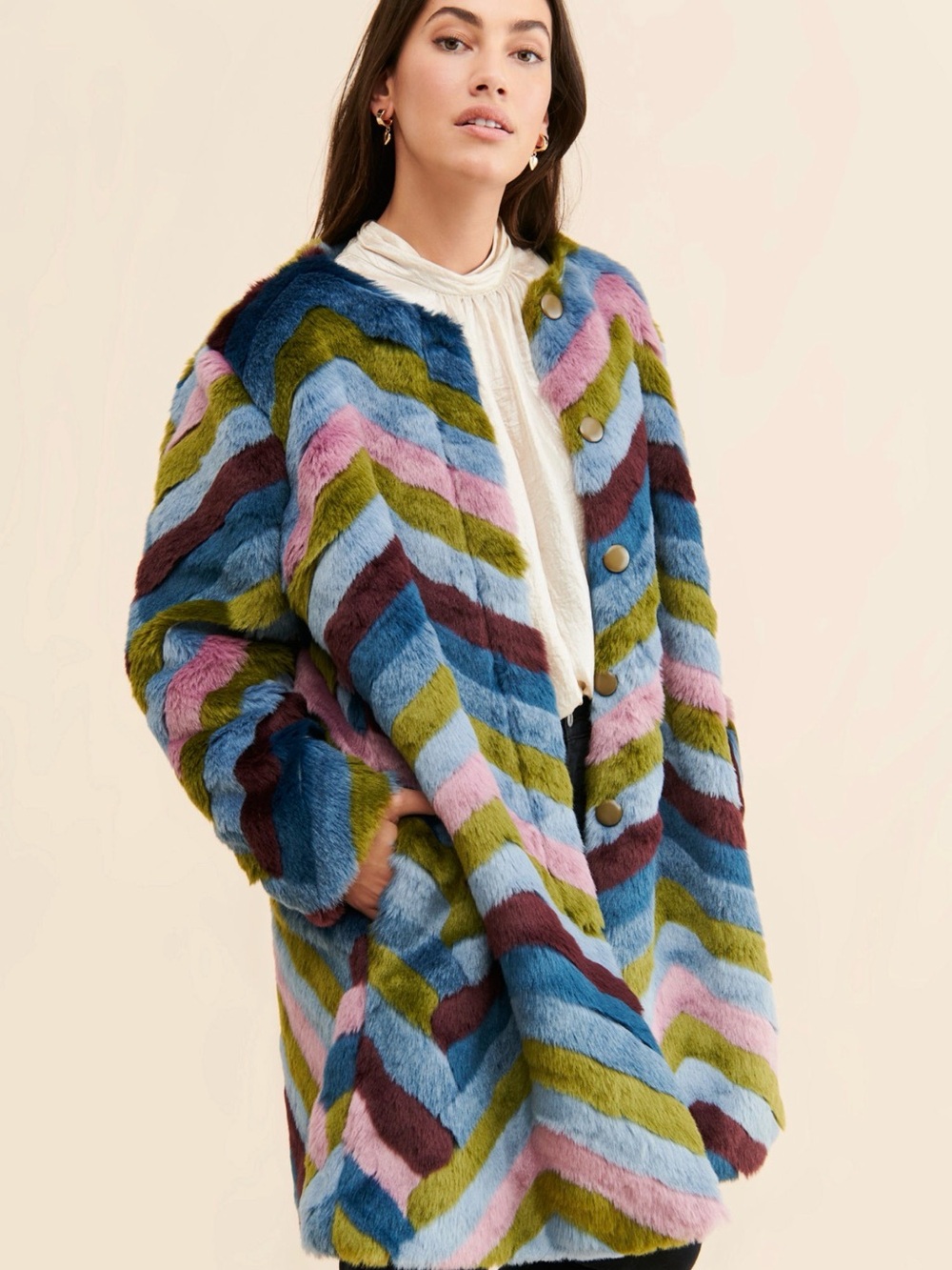 Hutch Multicolor Chevron Teddy Jacket - Blue Pink Olive Burgundy
